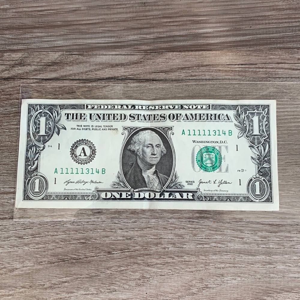 2021 $1 Federal Reserve Note $ 1 One Dollar Bill Rare Fancy Number A 11111314 B